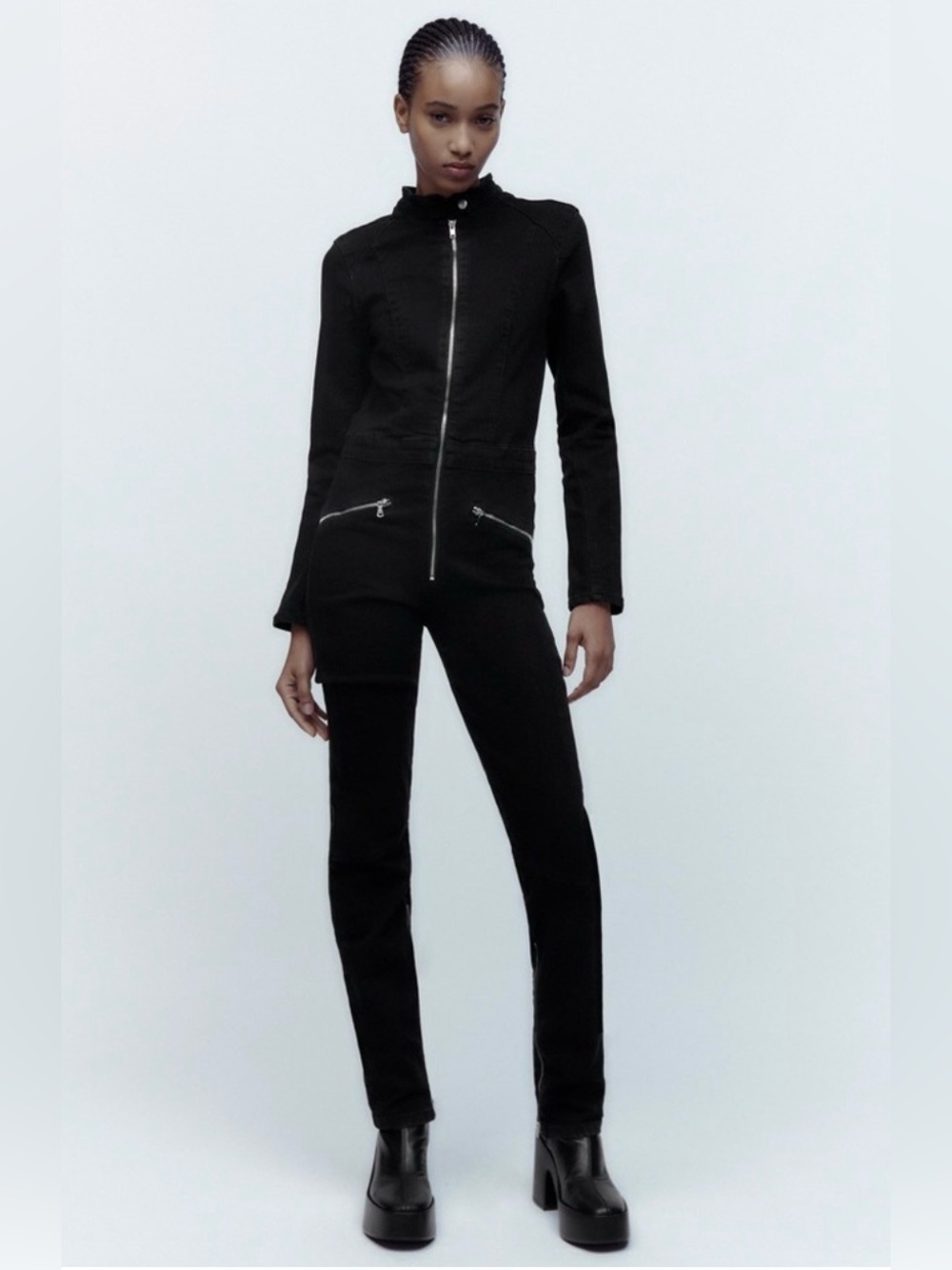 Zara Black Long-Sleeve Zip Jumpsuit